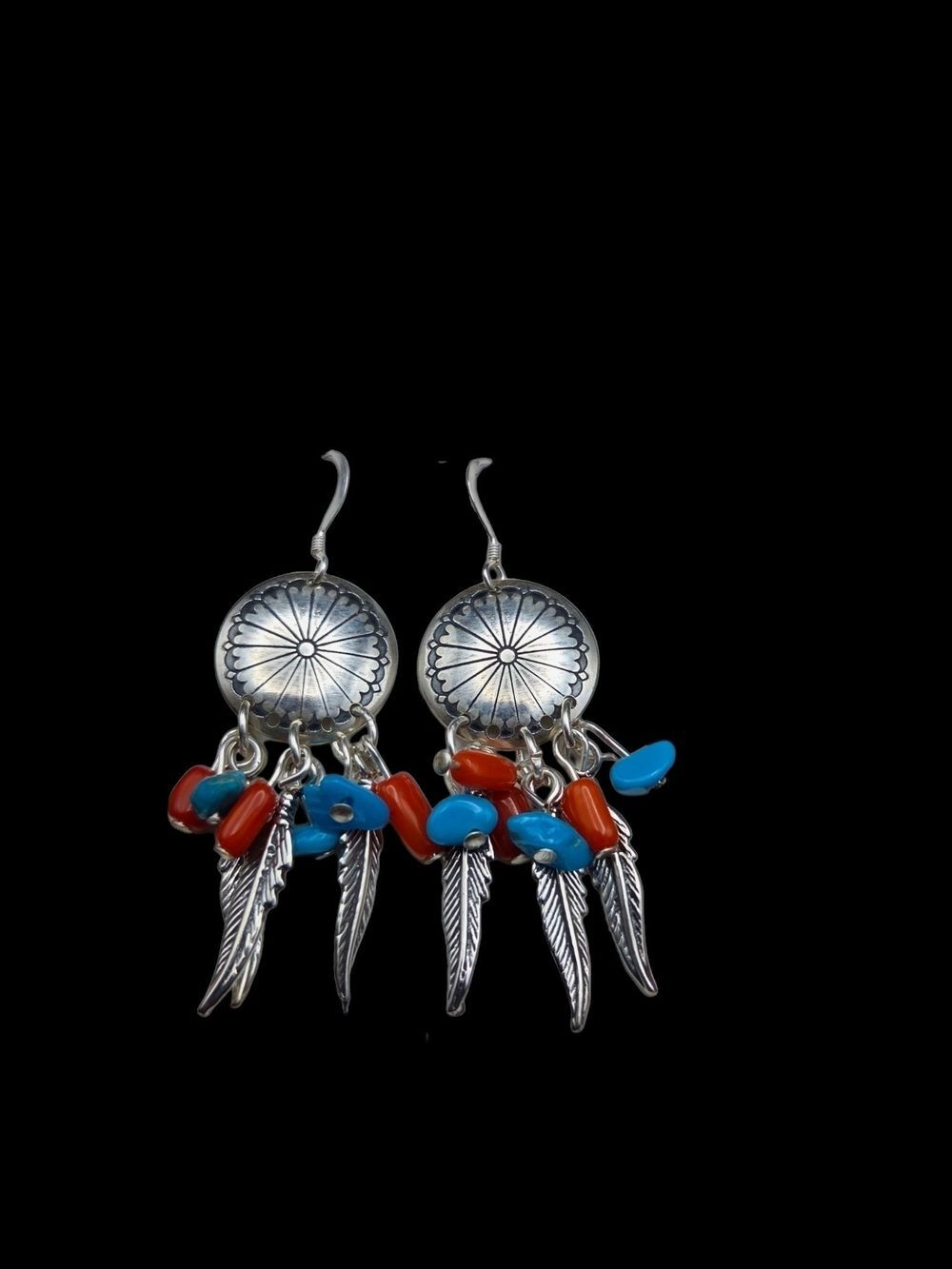 Sterling Silver Feather Earrings with Genuine Turquoise and Coral Beads